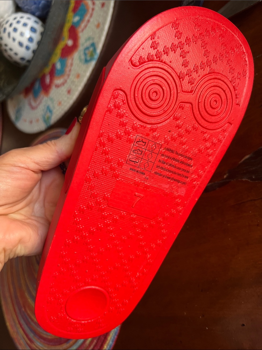 True Religion Red Slide Sandals with Gold Horsehoe Studs - Picture 3 of 5